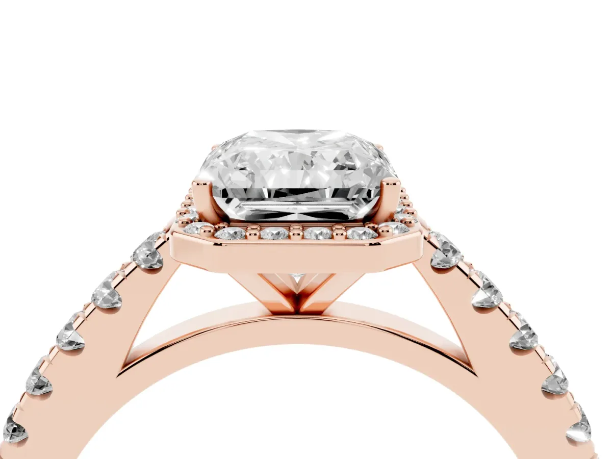Radiant Cut Cut Halo Diamond Engagement Ring with Pave Band and Four-Prong Setting Rose gold