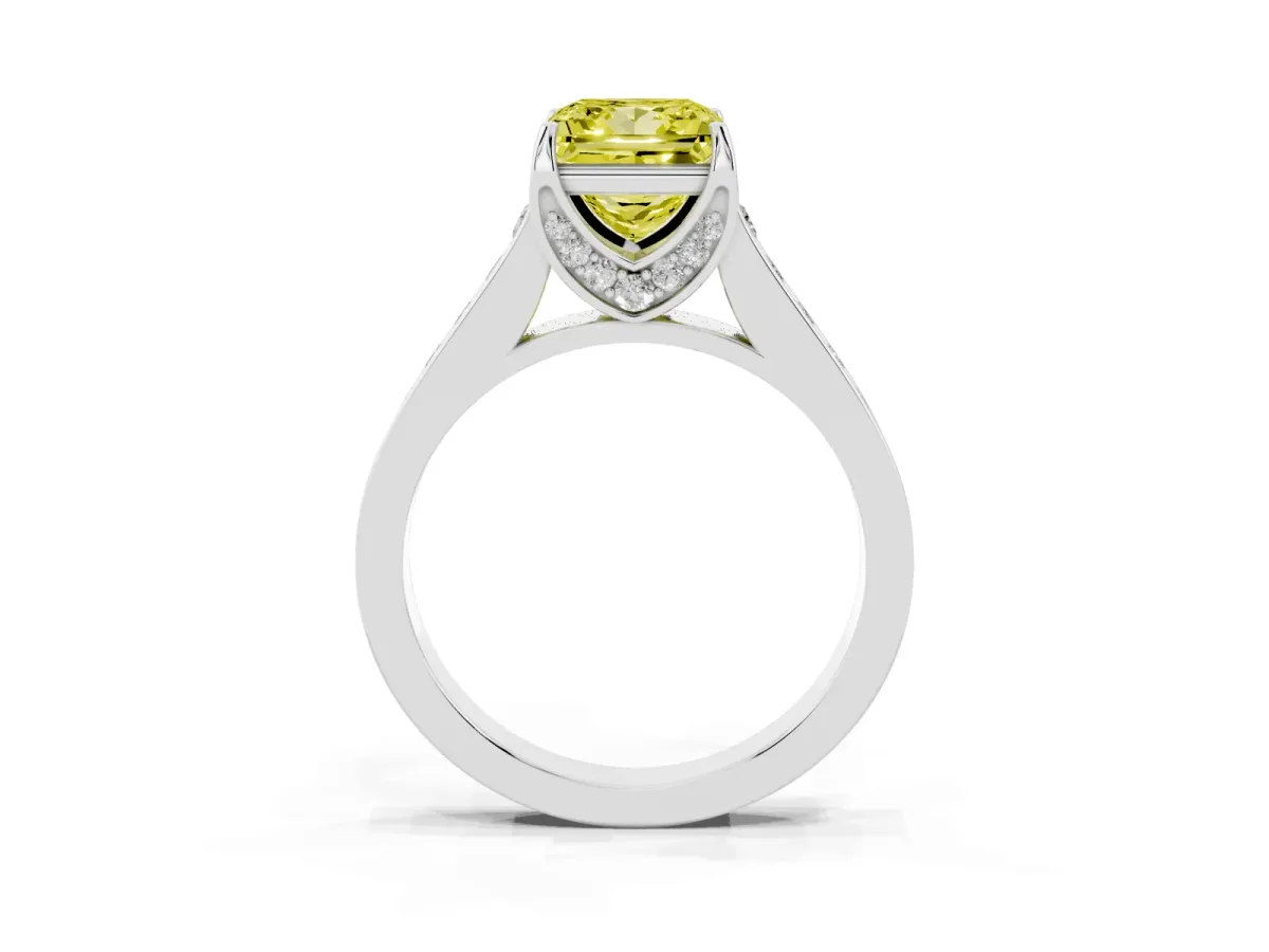 Fancy Yellow Princess Cut Brilliant Cut Diamond Engagement Ring with Pavé Band and Four-Prong Setting White gold