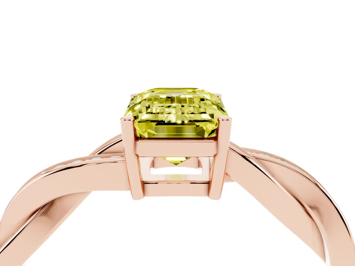 Fancy Yellow Emerald Cut Solitaire Twisted Pave Diamond Ring with Four-Prong Setting Rose gold