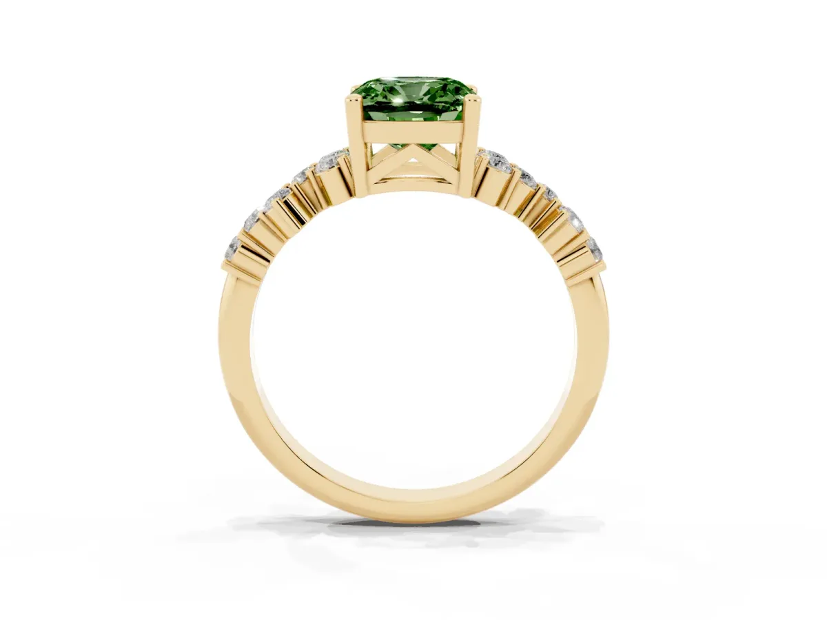 Fancy Green Cushion Cut Diamond Scattered Round Accent Ring with Prong Setting Yellow gold
