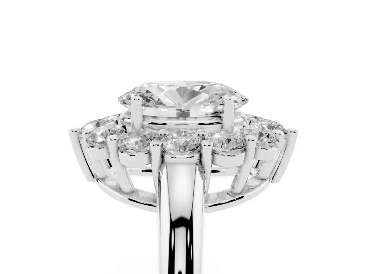 Oval Cut Halo Cluster Diamond Engagement Ring with Prong Setting and Polished Band Platinum