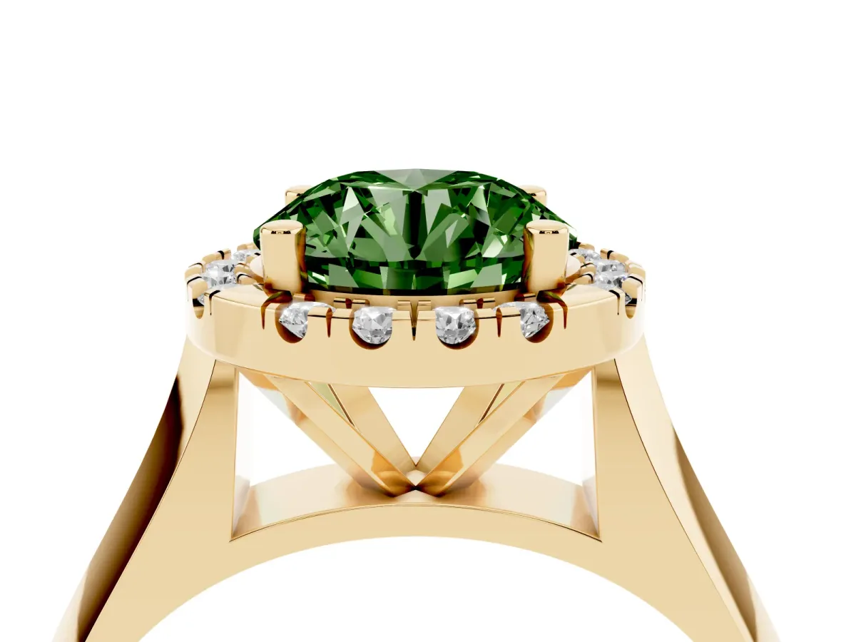 Fancy Green Round Cut Cut Halo Solitaire Engagement Ring with Square Band and Four-Prong Setting Yellow gold