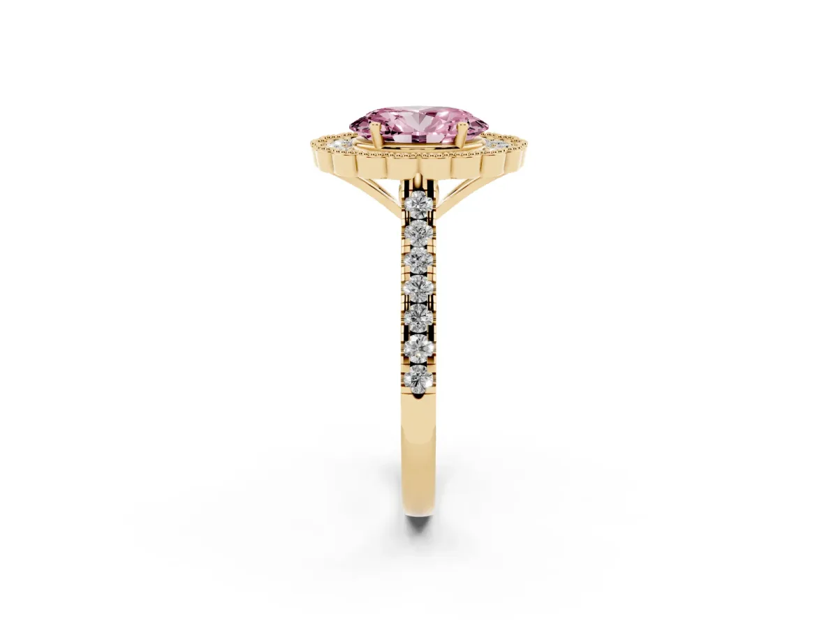Fancy Pink Oval Cut Cut Diamond Milgrain Floral Halo Engagement Ring with Pavé Band Yellow gold