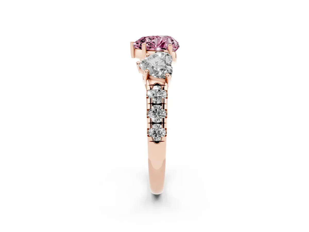 Fancy Pink Three-Stone Heart Cut Diamond Pavé Band with Prong Setting Rose gold