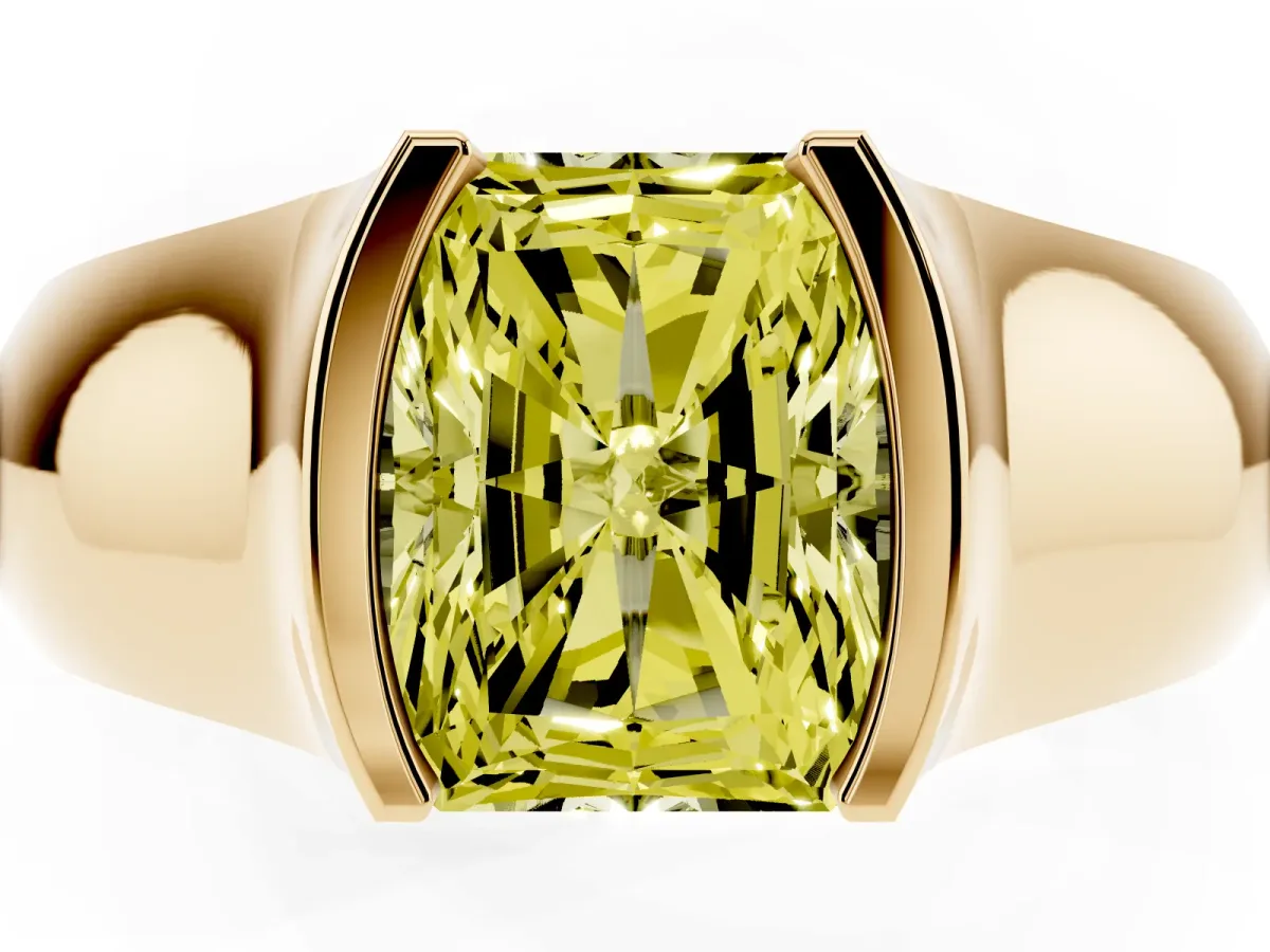 Fancy Yellow Radiant Cut Solitaire Bezel Set Diamond Ring with Wide Band Yellow gold