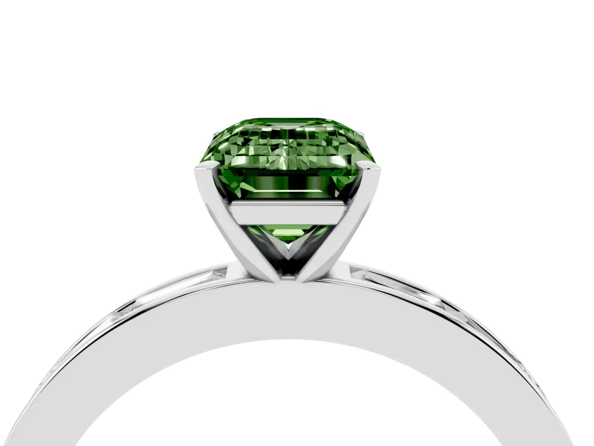 Fancy Green Emerald Cut Solitaire Diamond Ring with Channel-Set Baguette Band and Four-Prong Setting White gold