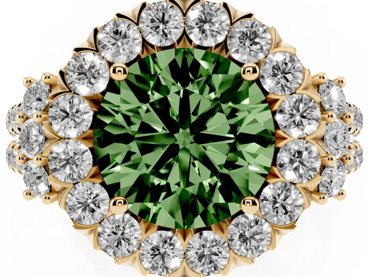 Fancy Green Round Cut Cut Double Halo Diamond Engagement Ring with Pave Band and Four-Prong Setting Yellow gold