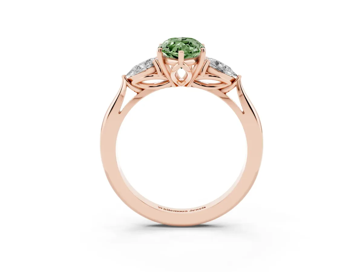 Fancy Green Marquise Cut Diamond Three-Stone Ring with Pear Side Stones and Prong Setting Rose gold