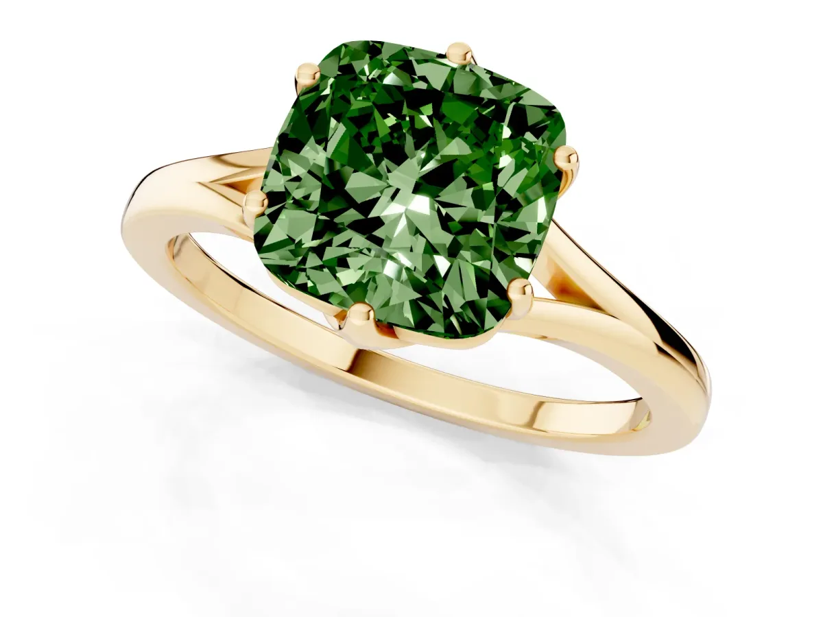 Fancy Green Cushion Cut Solitaire Diamond Ring with Six-Prong Setting and Tapered Band Yellow gold