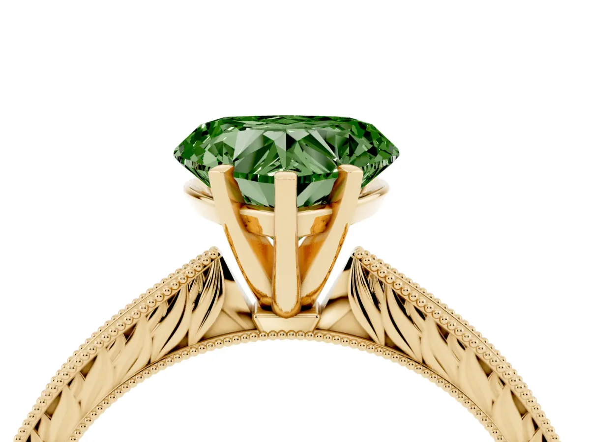 Fancy Green Heart Cut Solitaire Milgrain Engraved Band with Four-Prong Setting Yellow gold