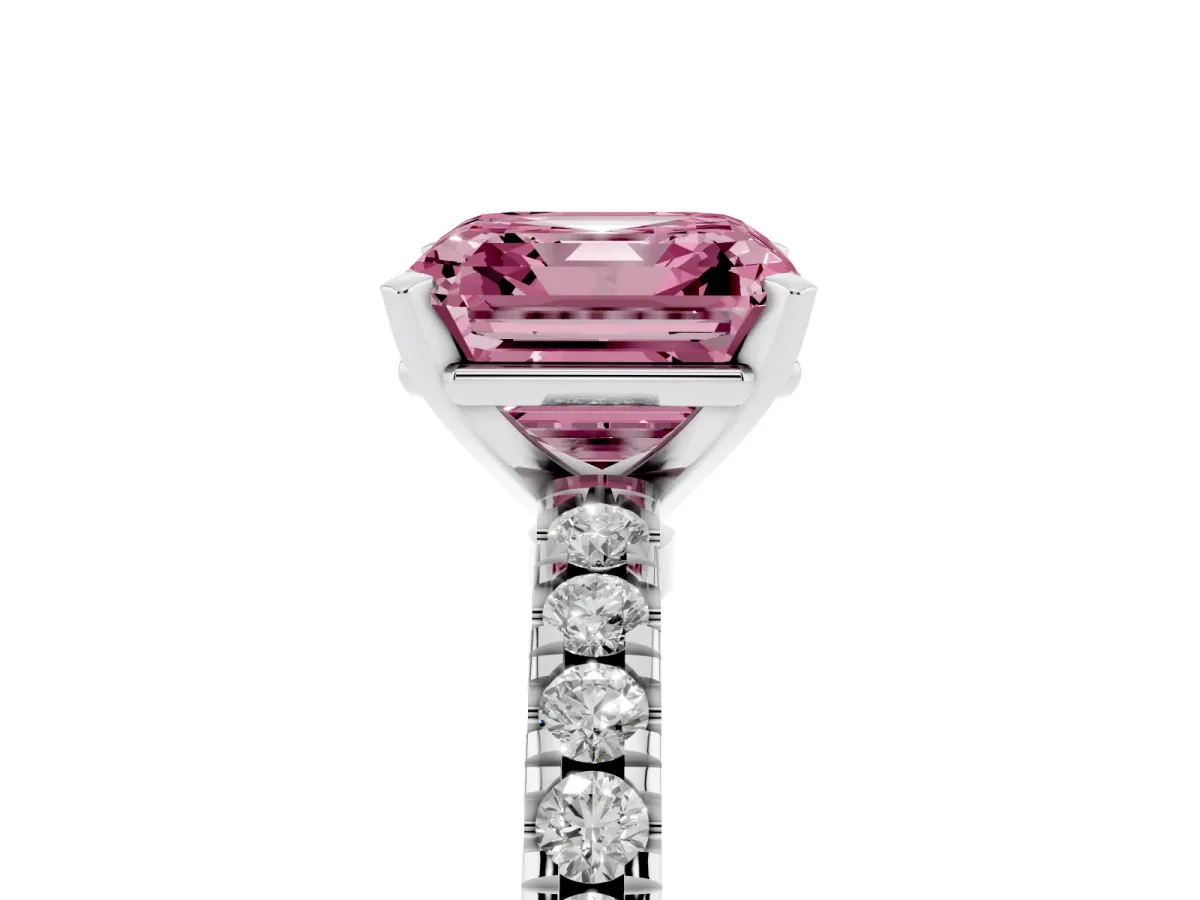 Fancy Pink Asscher Cut Solitaire Diamond with Pavé Band and Four-Prong Setting Platinum