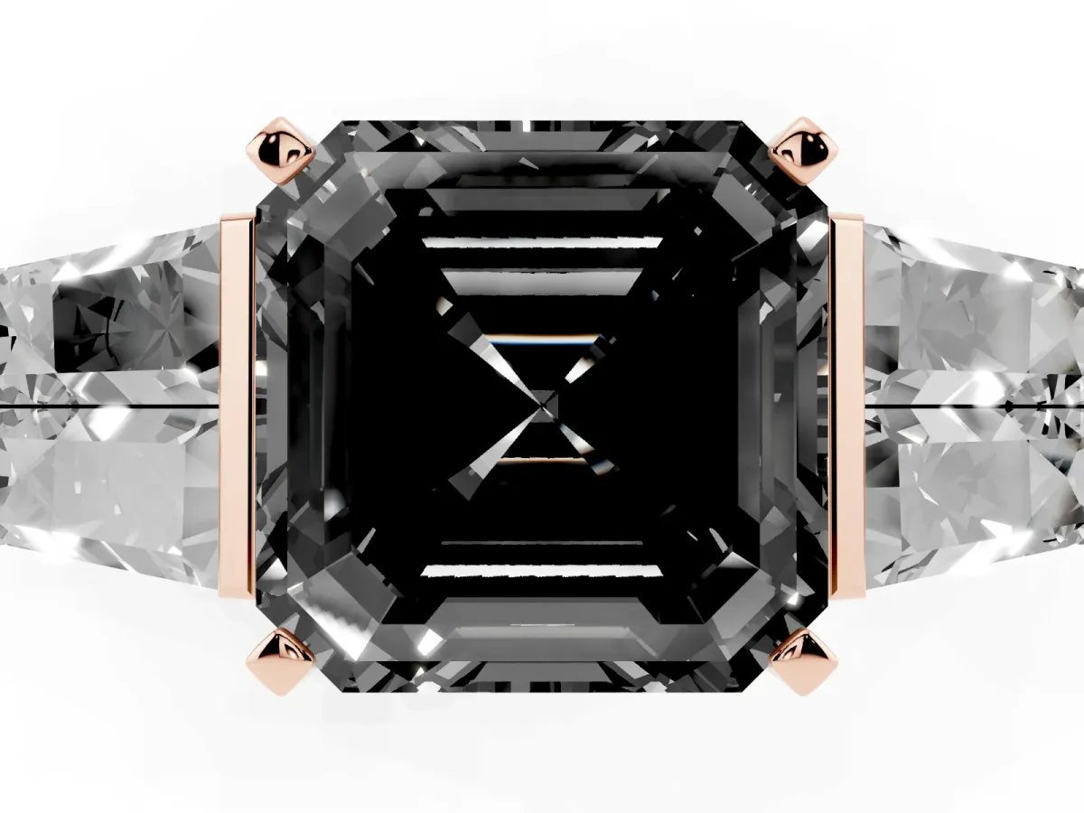 Fancy Black Asscher Cut Diamond Engagement Ring with Baguette Side Stones and Channel Set Band Rose gold