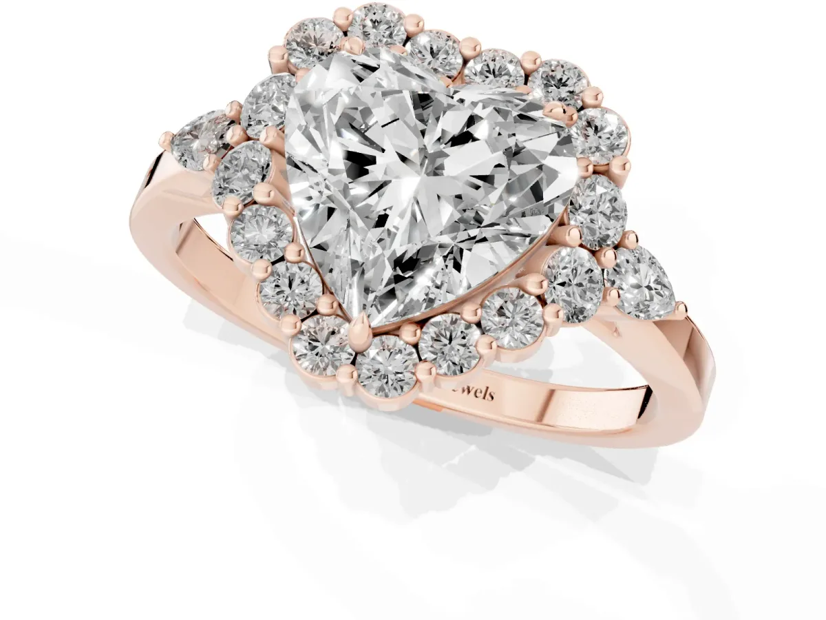 Heart Cut Diamond Halo Ring with Pear Side Stones and Prong Setting Rose gold