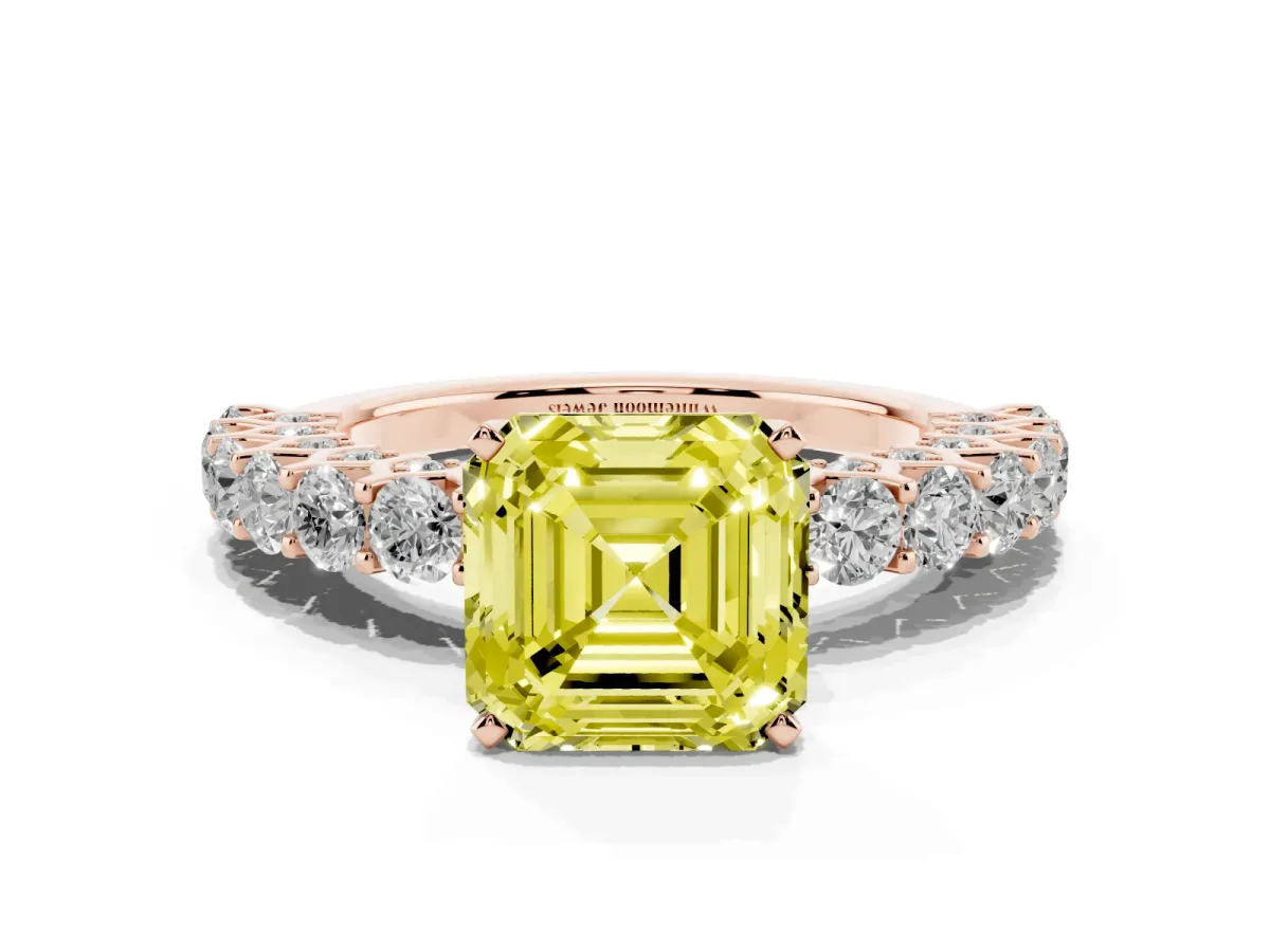 Fancy Yellow Asscher Cut Diamond Solitaire Ring with Shared Prong Pavé Band and Four-Prong Setting Rose gold