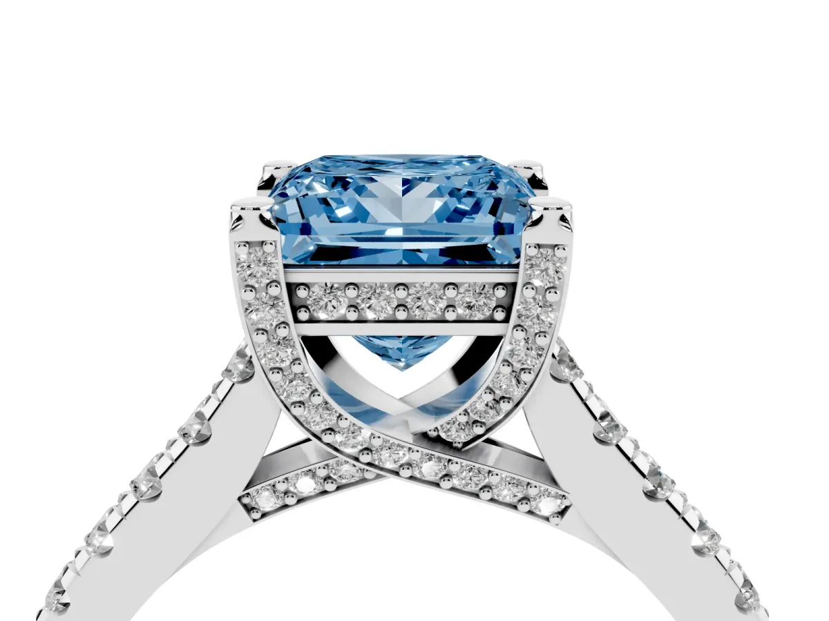 Fancy Blue Princess Cut Brilliant Diamond Solitaire with Pavé Band and Four-Prong Setting White gold