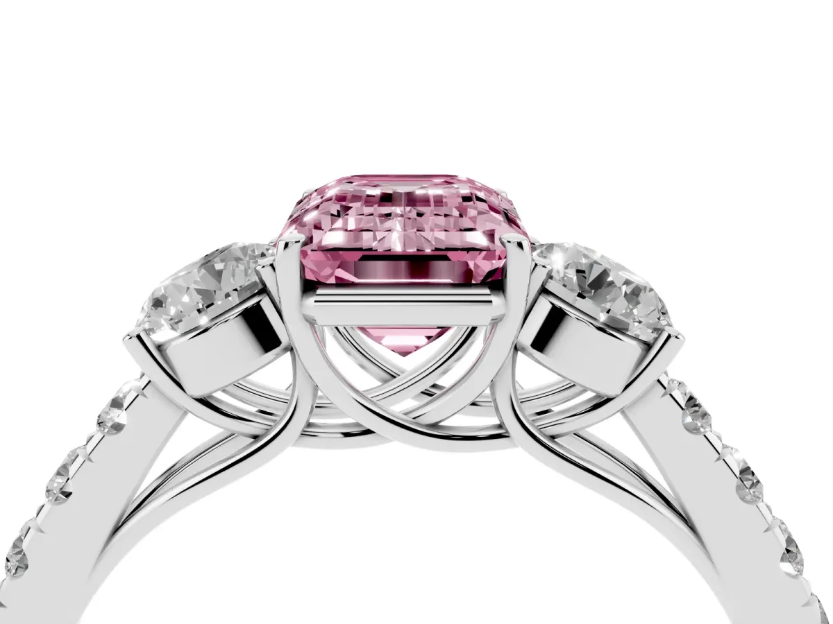 Fancy Pink Emerald Cut Cut Diamond Three-Stone Ring with Round Side Stones and Pavé Band Silver