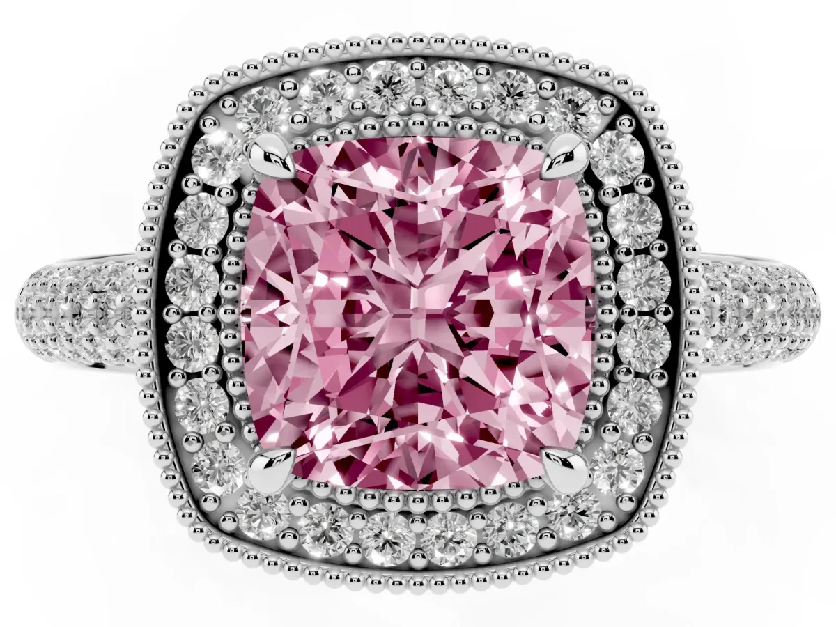 Fancy Pink Cushion Cut Cut Halo Diamond Pave Band with Four-Prong Setting Silver