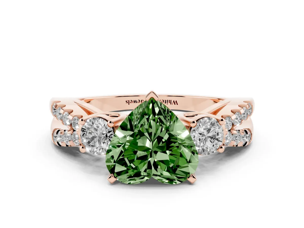 Fancy Green Heart Cut Diamond Three-Stone Ring with Pavé Split Shank and Four-Prong Setting Rose gold
