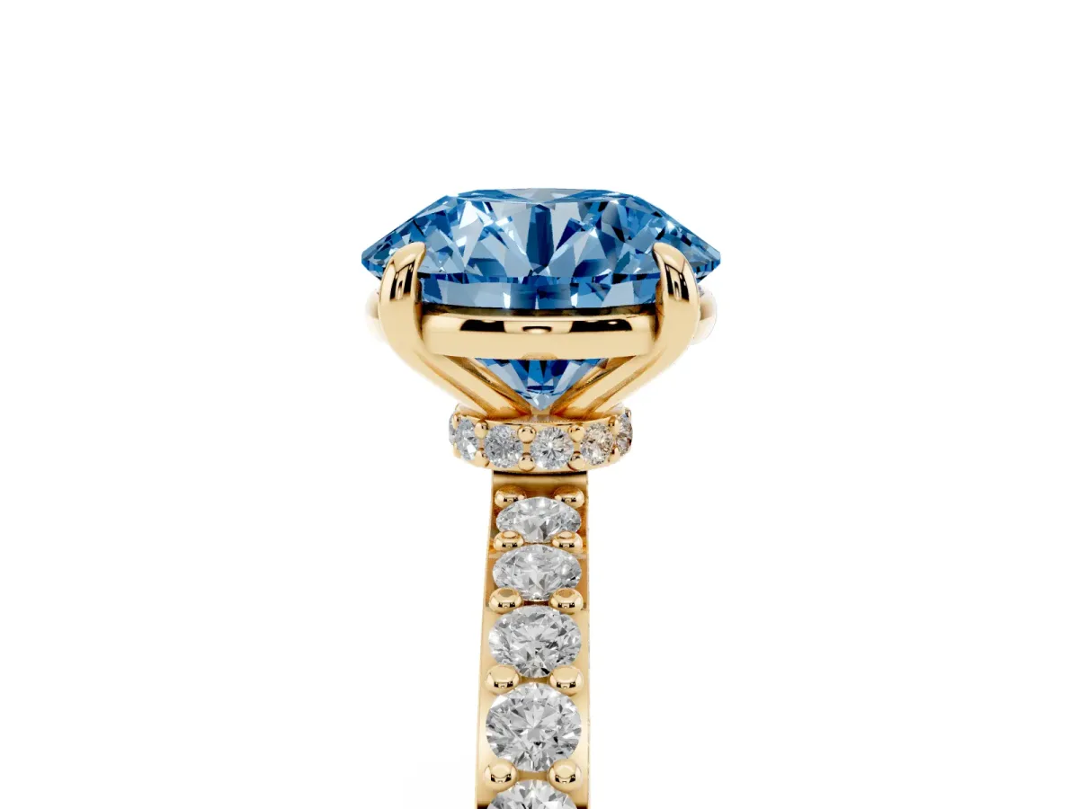 Fancy Blue Round Cut Diamond Pavé Engagement Ring with Round Accents and Prong Setting Yellow gold