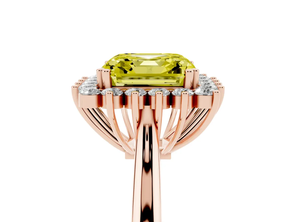 Fancy Yellow Asscher Cut Cut Diamond Halo Ring with Solitaire Band and Prong Setting Rose gold