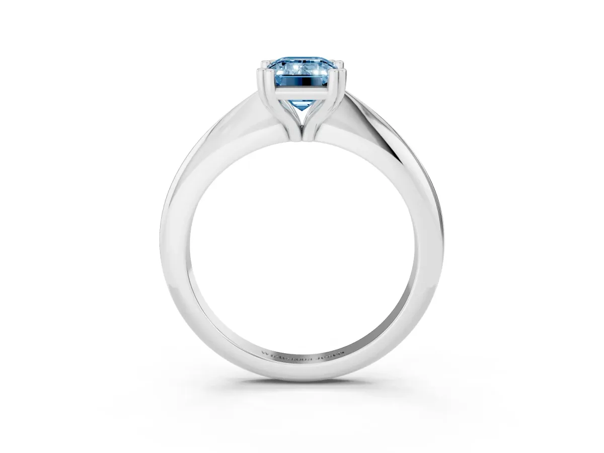 Fancy Blue Emerald Cut Cut Solitaire Engagement Ring with Tapered Band and Four-Prong Setting Silver