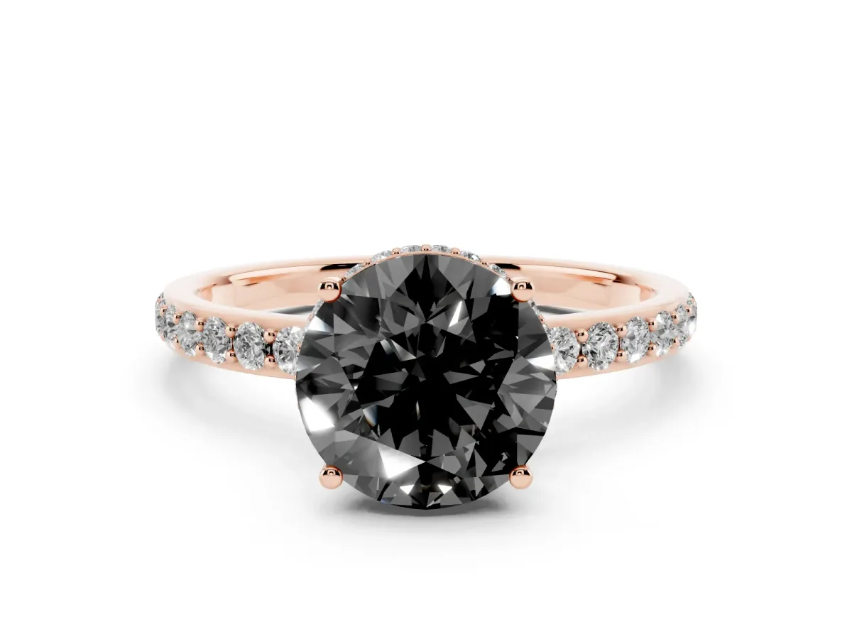 Fancy Black Round Cut Diamond Solitaire Ring with Pavé Band and Hidden Halo Rose gold