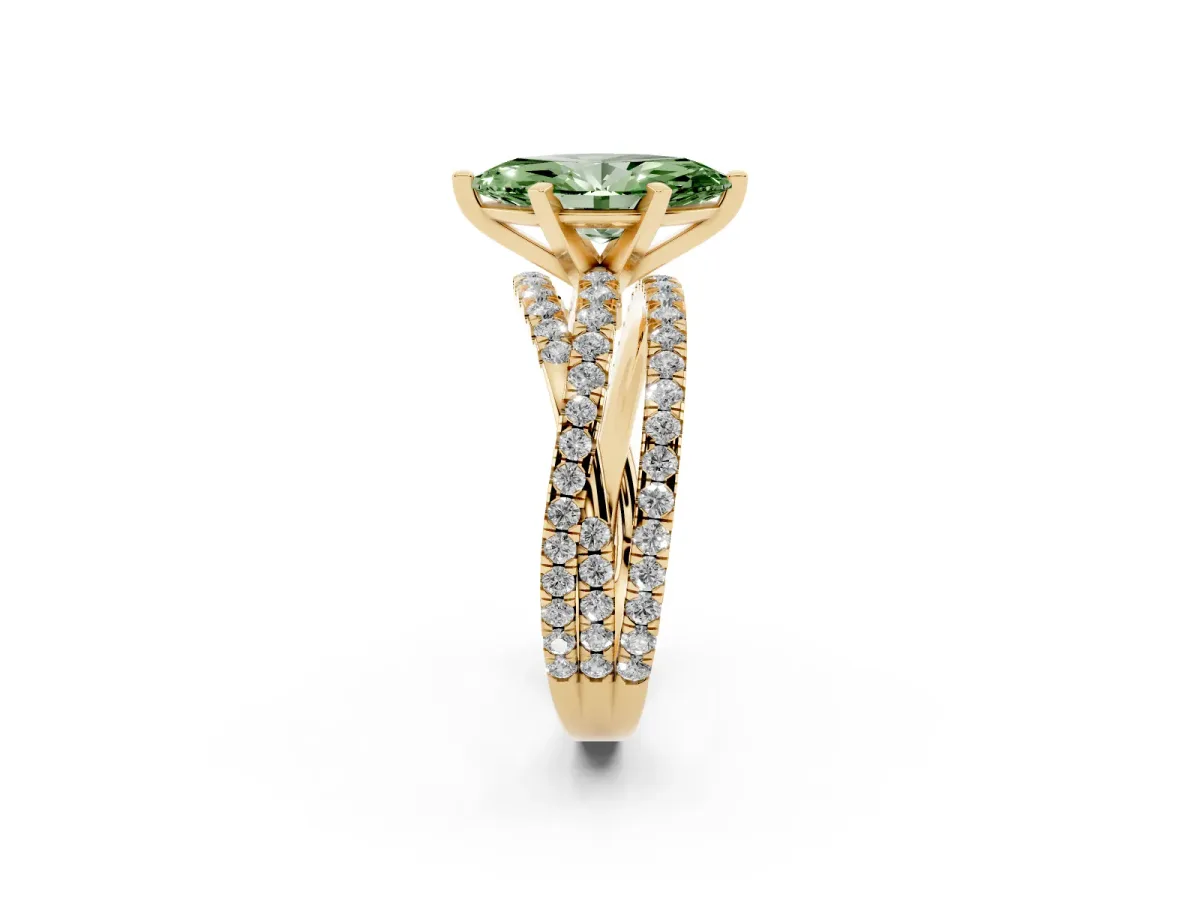 Fancy Green Marquise Cut Solitaire Twist Band with Pavé Setting and Four-Prong Setting Yellow gold