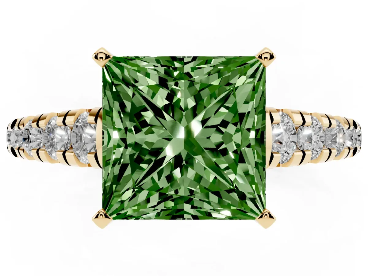 Fancy Green Princess Cut Diamond Cathedral Solitaire Ring with Round Pavé Band Yellow gold