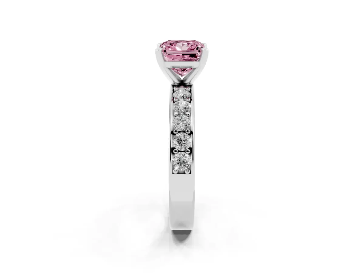 Fancy Pink Princess Cut Diamond Engagement Ring with Channel Set Round Band and Prong Setting Silver