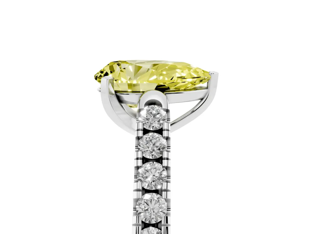 Fancy Yellow Pear Cut Diamond Pavé Band Solitaire Ring with Prong Setting Silver