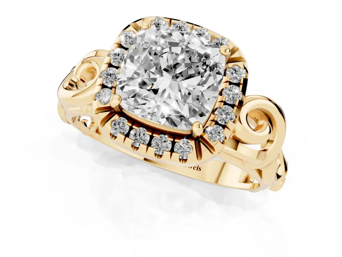 Cushion Cut Cut Halo Diamond Ring with Scrollwork Band and Four-Prong Setting Yellow gold