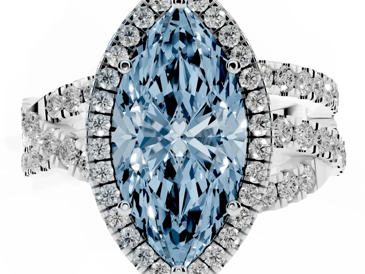 Fancy Blue Marquise Cut Diamond Halo Ring with Round Split Shank and Prong Setting Platinum