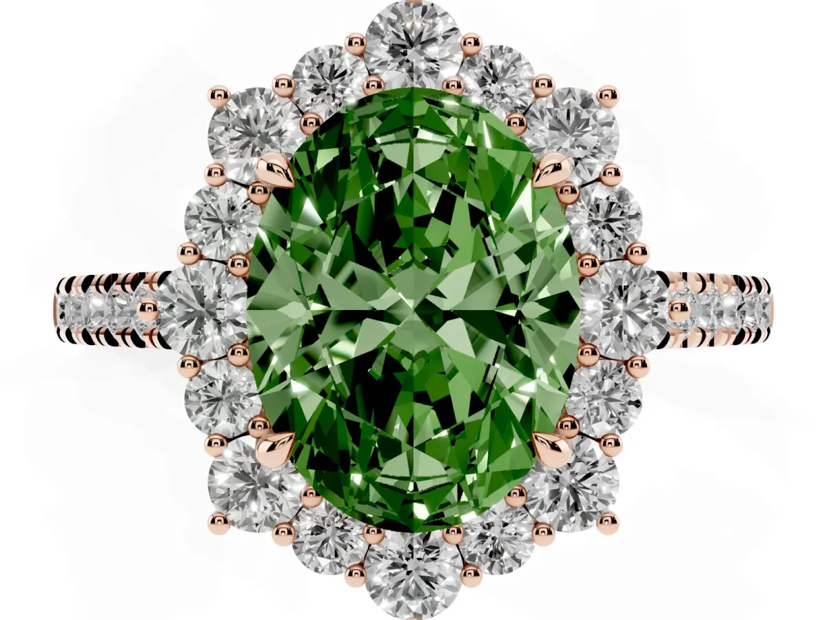 Fancy Green Oval Cut Halo Diamond Ring with Pavé Band and Prong Setting Rose gold