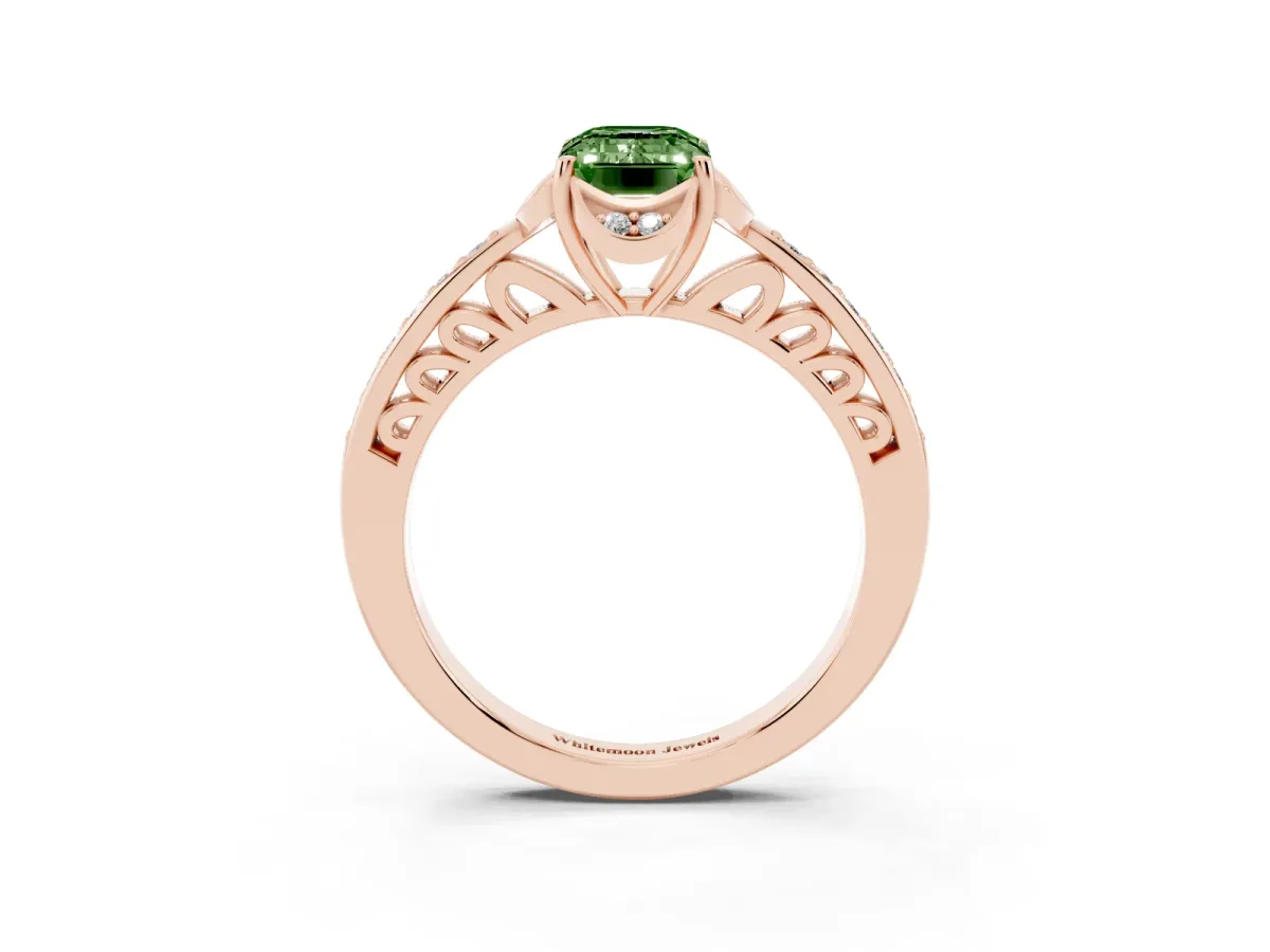 Fancy Green Emerald Cut Cut Halo Diamond Ring with Channel Set Band and Four-Prong Setting Rose gold