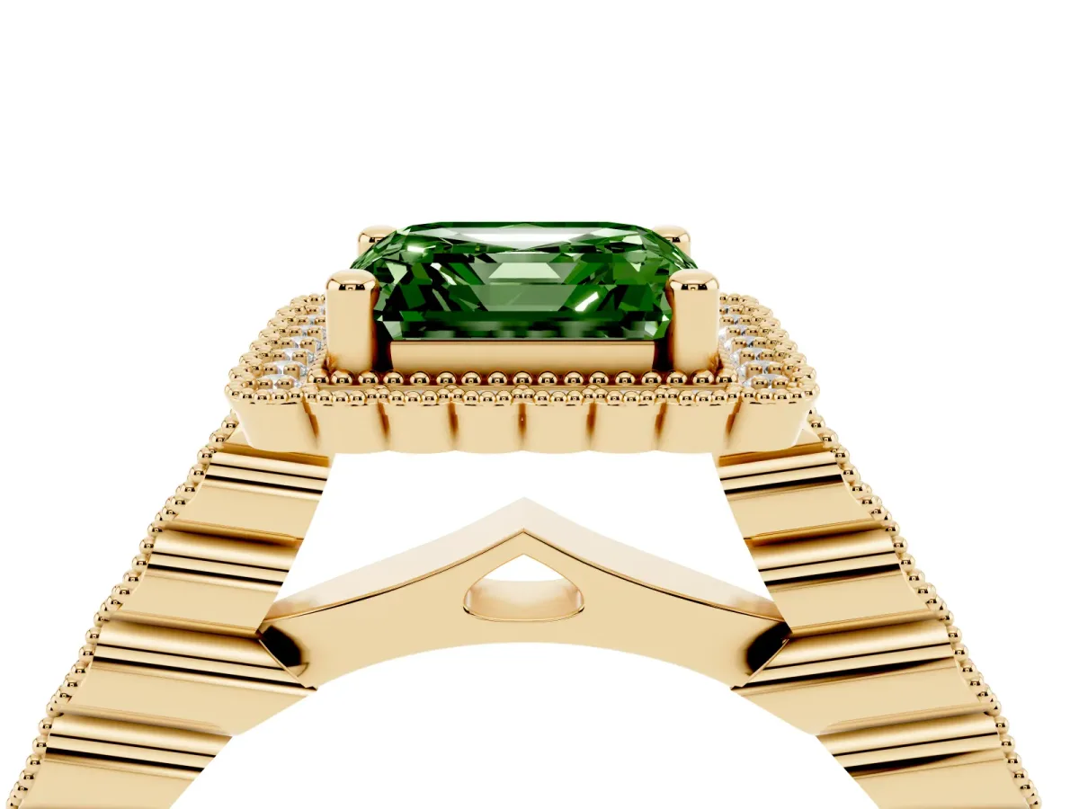 Fancy Green Asscher Cut Cut Halo Pavé Solitaire Ring with Milgrain Band Yellow gold