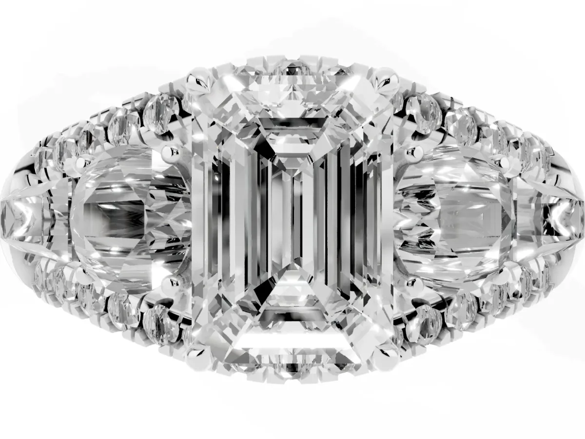 Three-Stone Emerald Cut Diamond Engagement Ring with Pave Band and Prong Setting Silver