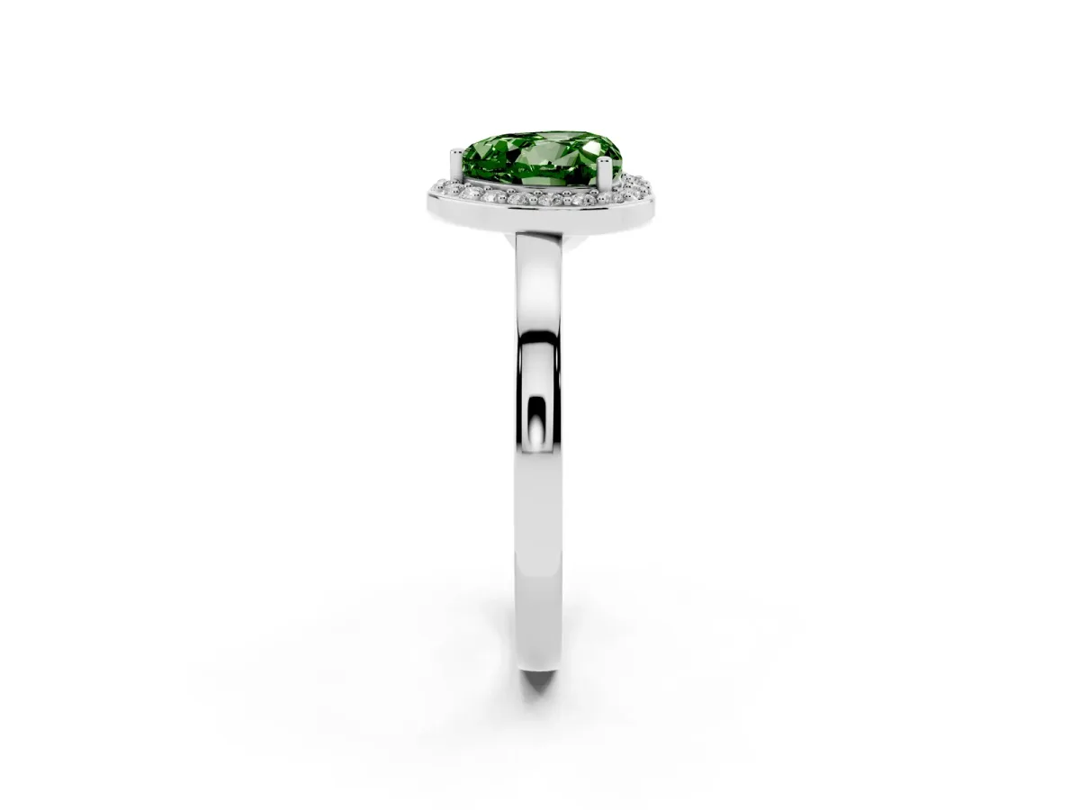 Fancy Green Heart Cut Halo Diamond Ring with Solitaire Band and Prong Setting Silver