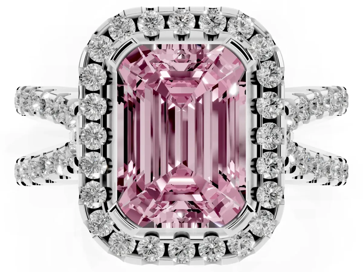 Fancy Pink Emerald Cut Diamond Halo Ring with Split Shank Pavé Band and Prong Setting Silver