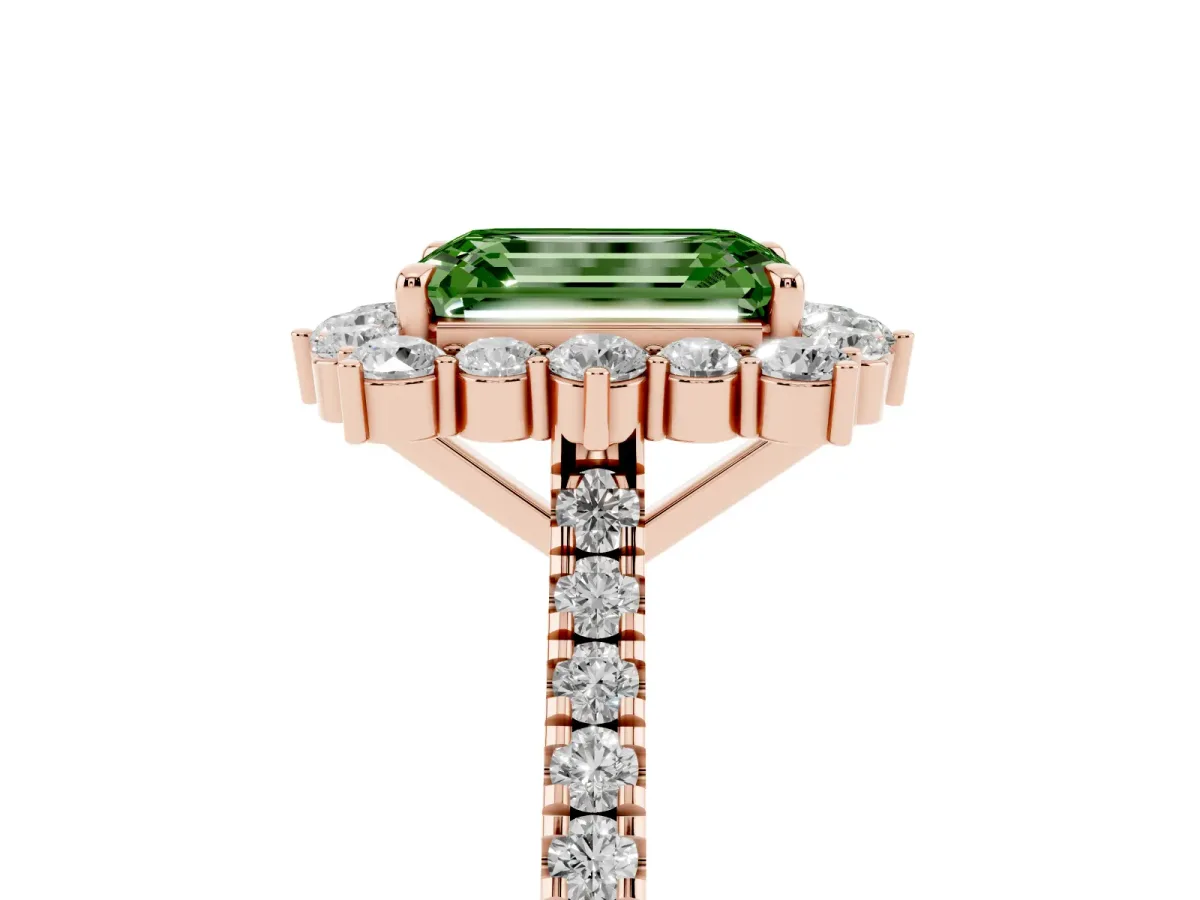 Fancy Green Emerald Cut Halo Diamond Ring with Pavé Band and Prong Setting Rose gold