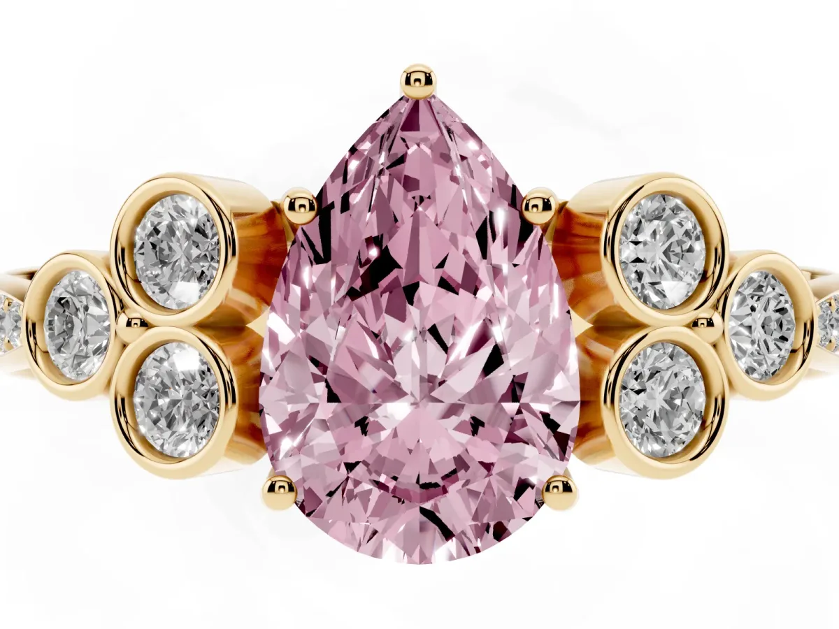 Fancy Pink Pear Cut Cut Diamond Engagement Ring with Bezel Set Round Side Stones and Prong Setting Yellow gold