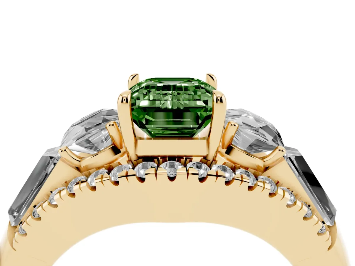 Fancy Green Three-Stone Emerald Cut Diamond Engagement Ring with Pave Band and Prong Setting Yellow gold