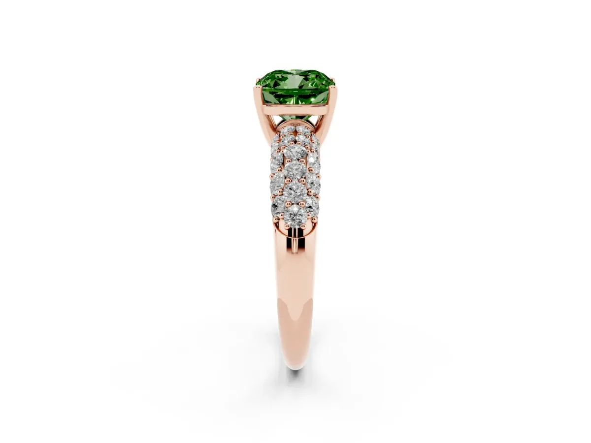 Fancy Green Cushion Cut Diamond Pavé Band Solitaire Ring with Four-Prong Setting Rose gold