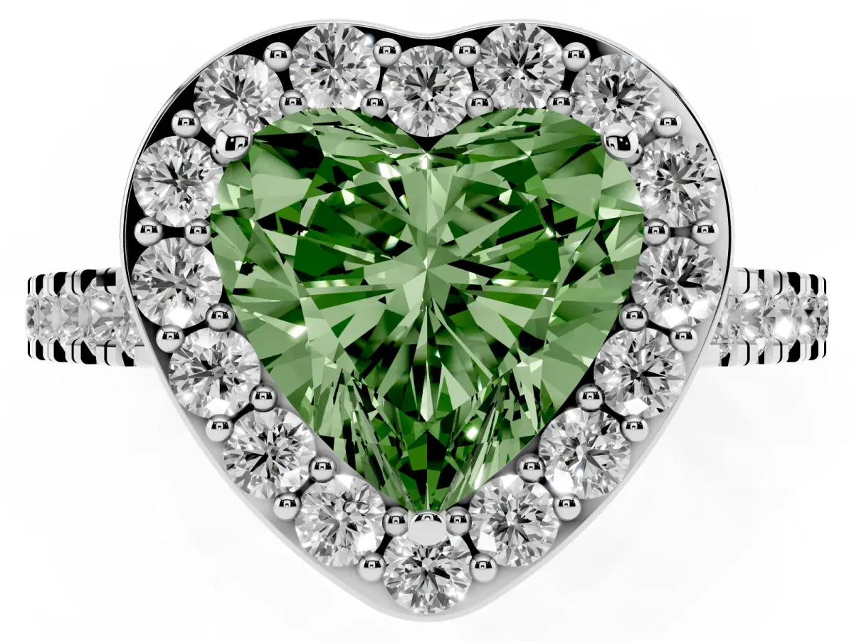 Fancy Green Heart Cut Diamond Halo Ring with Round Pavé Split Shank and Prong Setting White gold