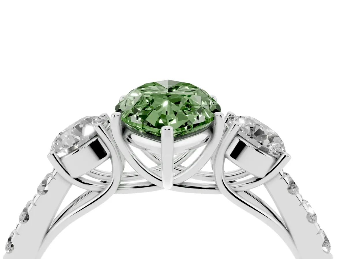Fancy Green Marquise Cut Cut Diamond Three-Stone Ring with Round Side Stones and Pavé Band Silver