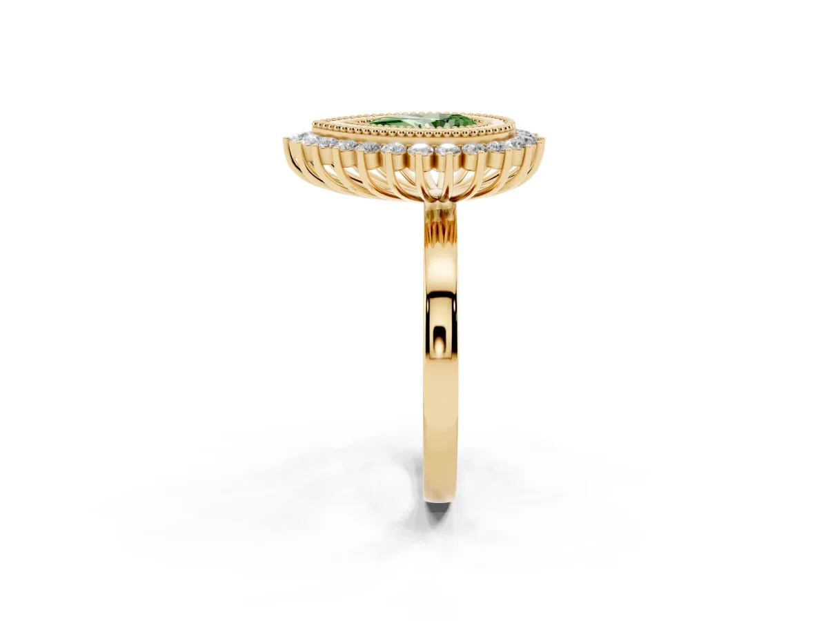 Fancy Green Pear Cut Halo Diamond Ring with Milgrain Edge and Round Prong Setting Yellow gold