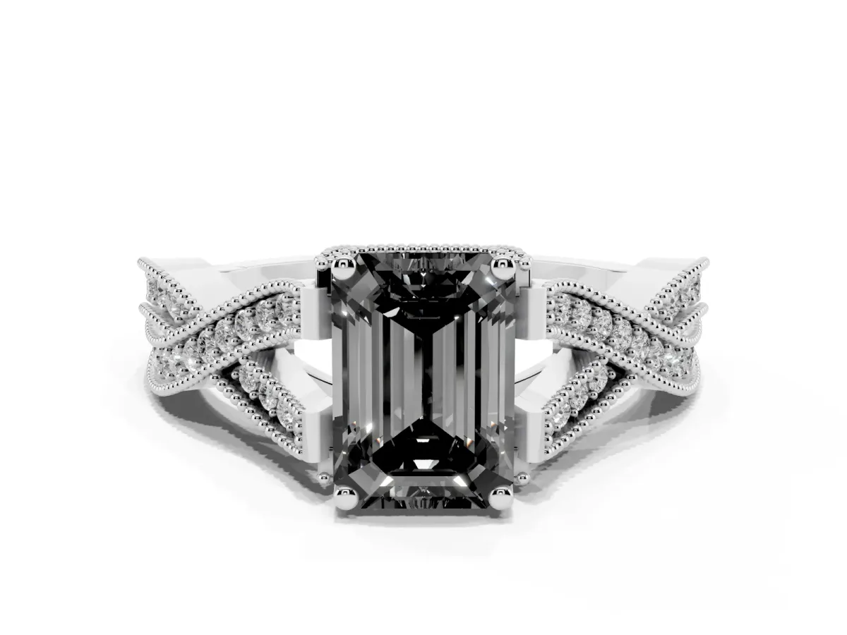 Fancy Black Emerald Cut Cut Diamond Twisted Band with Milgrain Pave Setting and Four-Prong Setting Silver