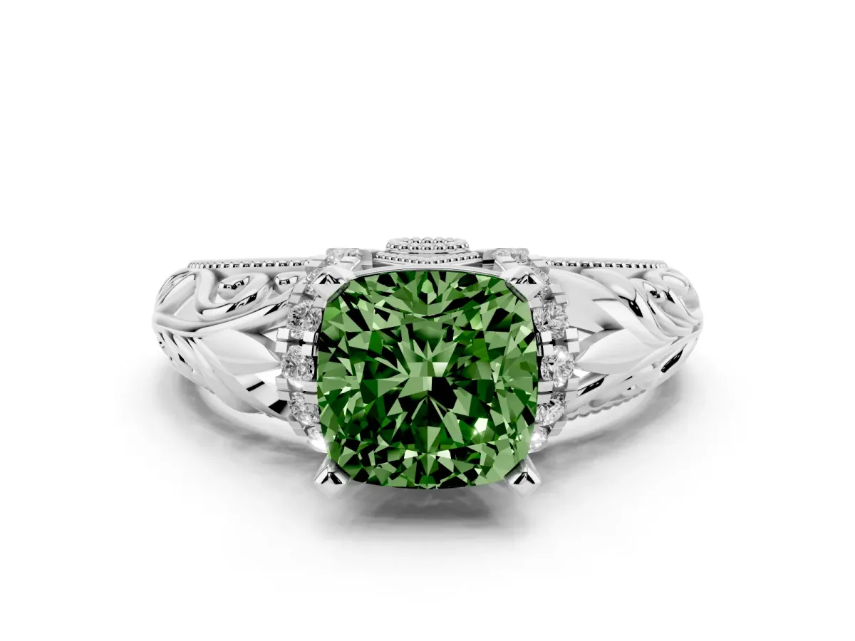 Fancy Green Cushion Cut Solitaire Filigree Engagement Ring with Halo and Prong Setting Silver