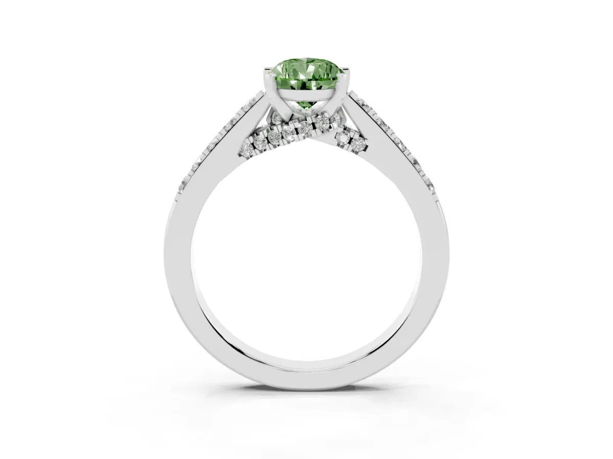 Fancy Green Pear Cut Diamond Solitaire Ring with Crossover Gallery and Round Pavé Band White gold