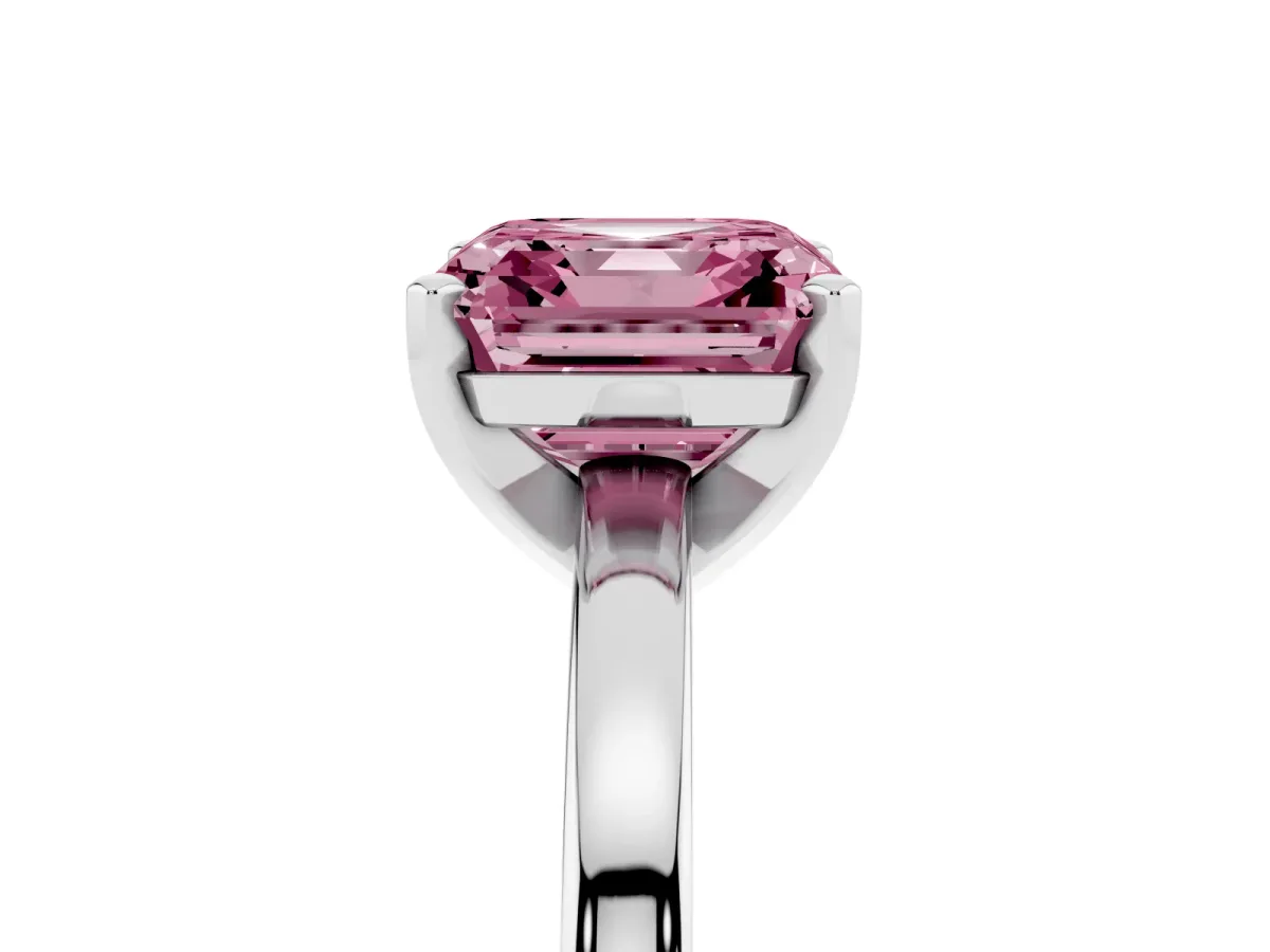 Fancy Pink Asscher Cut Solitaire Diamond Engagement Ring with Four-Prong Setting on a Classic Band Platinum
