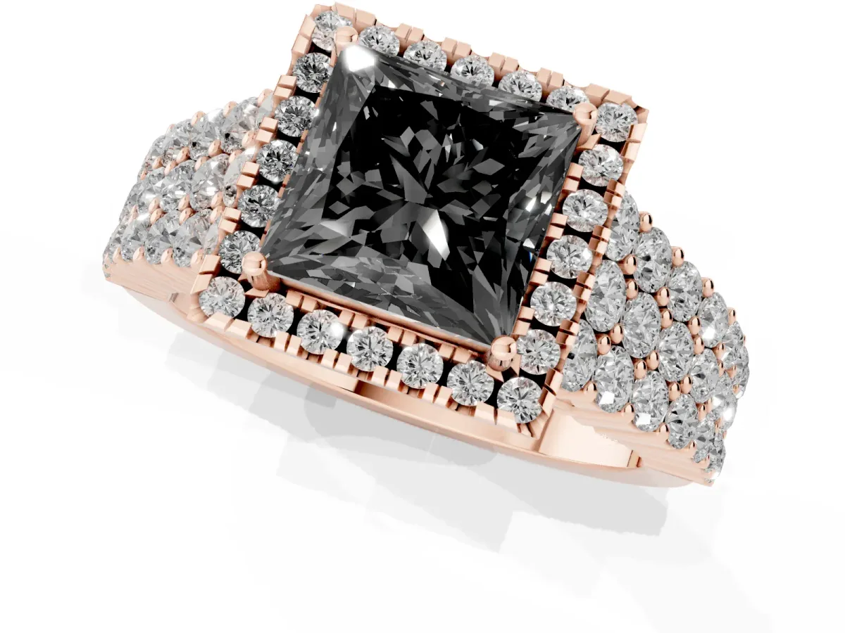 Fancy Black Princess Cut Diamond Halo Engagement Ring with Triple Row Round Pavé Band and Prong Setting Rose gold